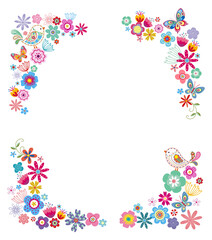 decorative elements for corners and frames consisting of colorful flowers, birds and butterflies