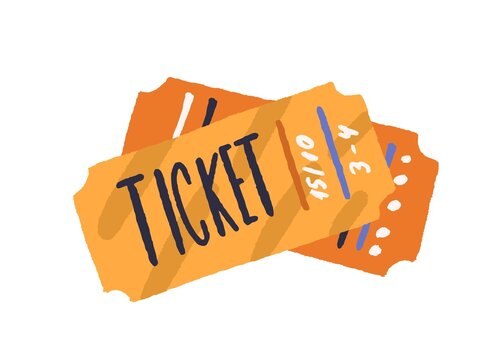 Cinema paper tickets. Entry cards for movie premiere, film festival, theatre, show, concert, performance, or other entertainments. Colored flat vector illustration isolated on white background