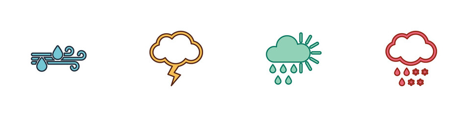 Set Wind and rain, Storm, Cloudy with sun and snow icon. Vector