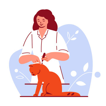 Woman Doctor Drips Drops To The Cat From Worms, Parasites. Pet Care Treatment. Vector Illustration In Flat Cartoon Style.