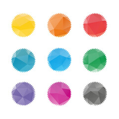 Group of low polygonal badges, labels or stickers, set of colorful isolated vector illustrations