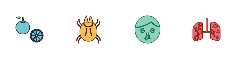 Set Orange fruit, Parasite mite, Runny nose and Lungs icon. Vector