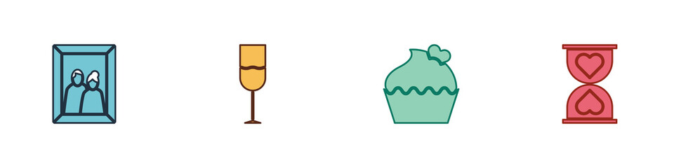 Set Picture frame, Wine glass, Wedding cake with heart and Heart the center hourglass icon. Vector