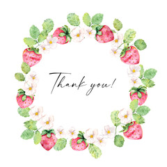 Watercolor illustration. A wreath of ripe lovers, green leaves and white flowers. Template for text, photo, postcards.