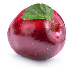 Fresh Red Apple with leaves isolated on white background, Red Royal Gala apple on white background...