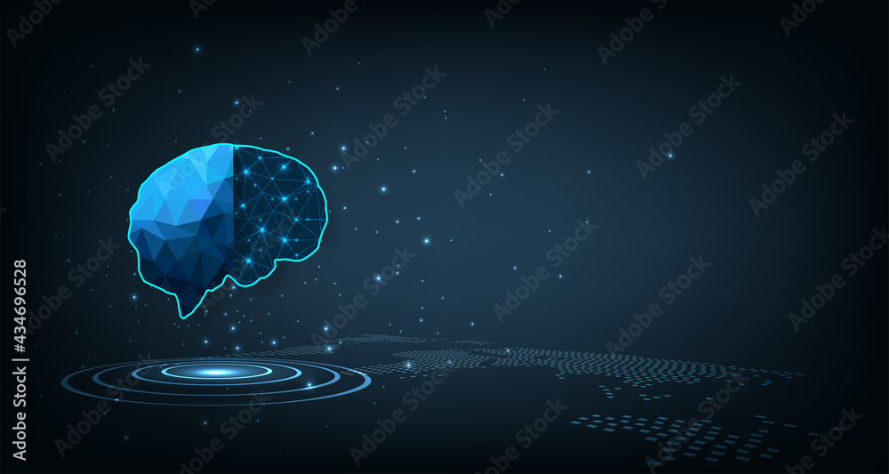Fototapete graphic of a digital brain made from lines and triangles, connecting on dark blue background. innova