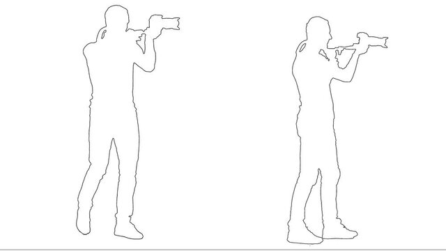 Outline sketch of cameraman steps with the camera on his shoulder isolated on white background. Silhouette. Side view. 2 in 1