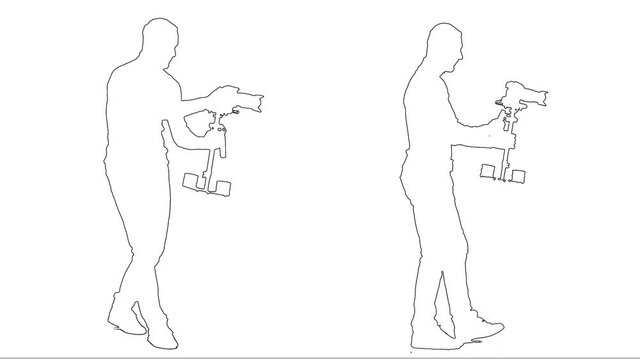 Outline sketch of cameraman steps with the camera and steadicam isolated on white background. Silhouette. Side view. 2 in 1