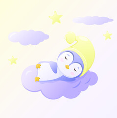 A penguin sleeps on a cloud among the stars. Cute children's animal illustration.