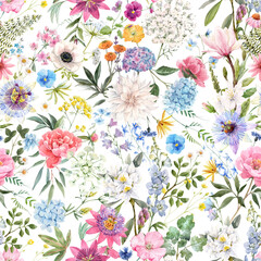 Beautiful vector seamless floral pattern with watercolor hand drawn gentle summer flowers. Stock illustration. Natural artwork.