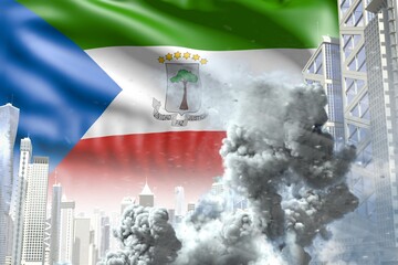 big smoke pillar in abstract city - concept of industrial catastrophe or act of terror on Equatorial Guinea flag background, industrial 3D illustration