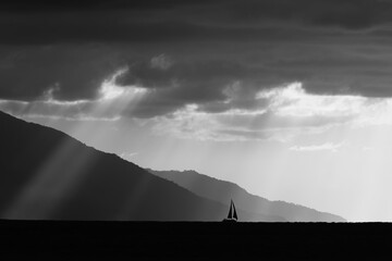 Sunset Ocean Sailboat Sun Rays Black And White