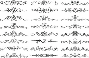 Floral text divider set. Colection of text dividing flourish linear ornaments, with floral elements. Vector paragraph dividers in black color isolated on white background.