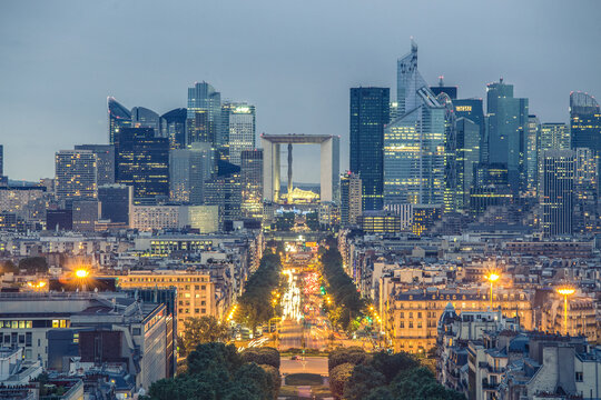 La Defence, Paris business district at dusk.