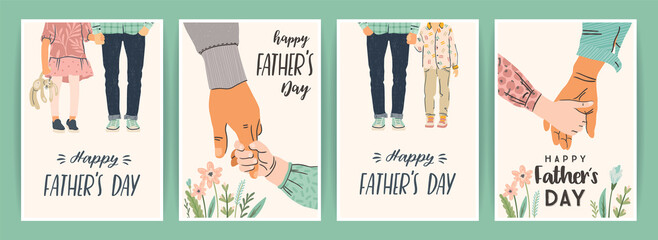 Happy Fathers Day. Set of vector illustrations. Man holds the hand of children. - 434698997