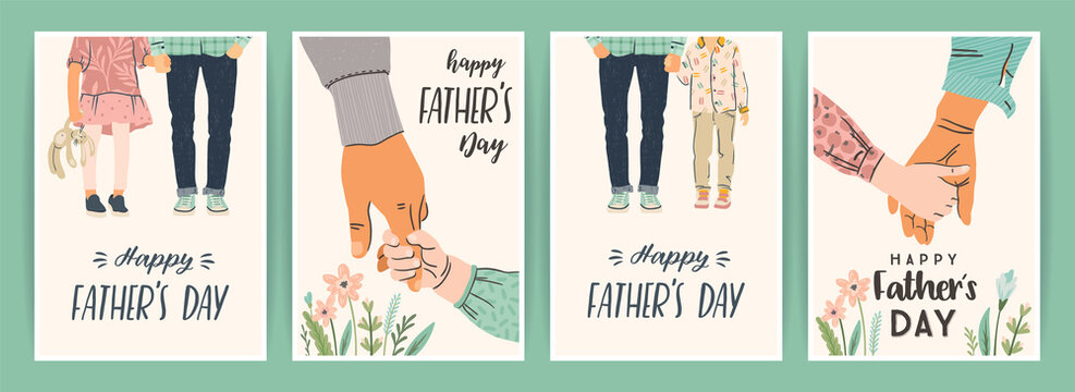 Happy Fathers Day. Set of vector illustrations. Man holds the hand of children.