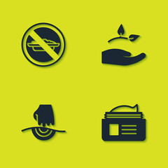 Set Food no diet, Ointment cream tube, Massage and Leaf hand icon. Vector