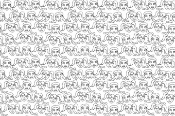 Seamless pattern with cartoon face vector people. Hand drawn line art illustration. Outline doodle head of women, girls. Texture backdrop