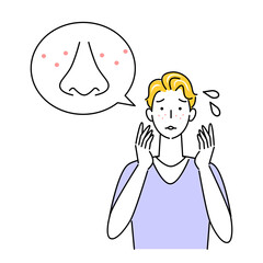 スキンケア 顔のお肌トラブルで困っている男性 小鼻の毛穴の黒ずみ そばかす イラスト シンプル ベクター