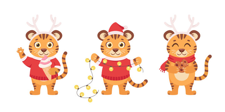 Set Of Cute Tigers With Ice Cream, Garland, Ginger Cookie. Year Of The Tiger. Merry Christmas And Happy New Year 2022. Vector Illustration