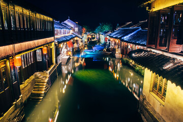Beautiful night scenery of Zhouzhuang ancient town in Suzhou, China