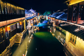 Beautiful night scenery of Zhouzhuang ancient town in Suzhou, China