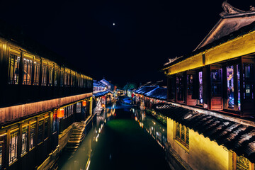 Beautiful night scenery of Zhouzhuang ancient town in Suzhou, China