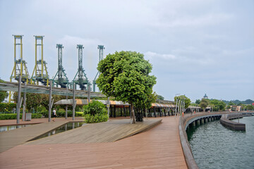  View of Sentosa Gateway. On the embankment tourists stroll
