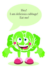 Cartoon white cabbage. Cabbage with face, arms and legs. Food is like a smiley for kids.