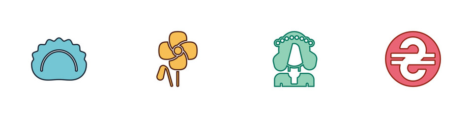 Obraz premium Set Dumplings, Poppy flower, Ukrainian woman and hryvnia icon. Vector