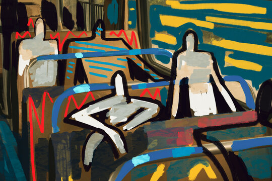 Art Graffiti Concept With Human Figure Take De Bus All Together. Human Figure Painting On Photography With Abstract Graffiti And Color Line. Little Anxious, Scary And Societal Sarcastic .