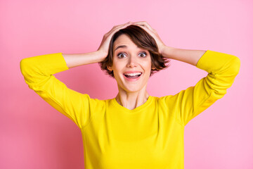 Obraz na płótnie Canvas Photo of young beautiful smiling excited crazy amazed surprised girl see big sale discount isolated on pink color background