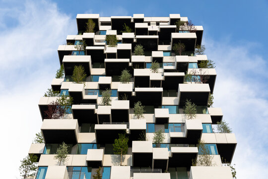 Eindhoven, The Netherlands, May 19th 2021. Vertical garden tower with trees creating more greenery and nature for the residents of the city, Strijp S district
