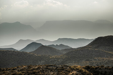 Tabernas desert landscape at dusk in Almeria, Andalucia, Spain