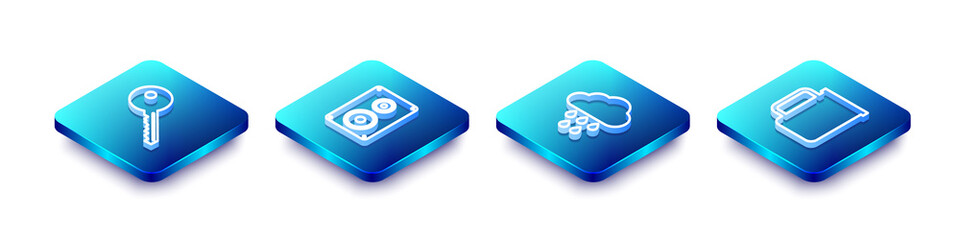 Set Isometric line Key, Stereo speaker, Cloud with rain and Coffee cup icon. Vector