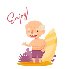 Cartoon grandfather with a surfboard among tropical leaves. Enjoy the letter print. Funny characters isolate on white background. Vector illustration