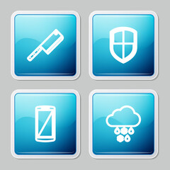 Set line Meat chopper, Shield, Smartphone, mobile phone and Cloud with snow and rain icon. Vector