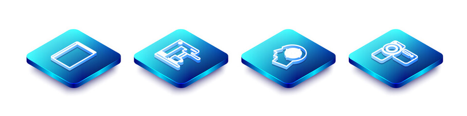 Set Isometric line Book, Coffee machine and cup, Head hunting concept and Cinema camera icon. Vector