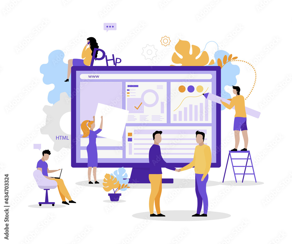 Poster web development company flat concept vector illustration. software engineering 2d cartoon characters