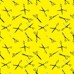 Seamless pattern of black scissors. professional hairdresser black scissors isolated on yellow. Black barber scissors, close up. pop art background, for prints or posters
