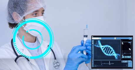 Composition of scope scanning and screen with dna over doctor in ppe suit with syringe
