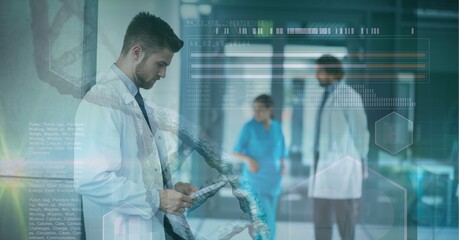 Composition of dna and medical data processing over smiling male doctor using tablet