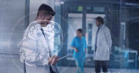 Composition of human brain and medical data processing over smiling male doctor using tablet