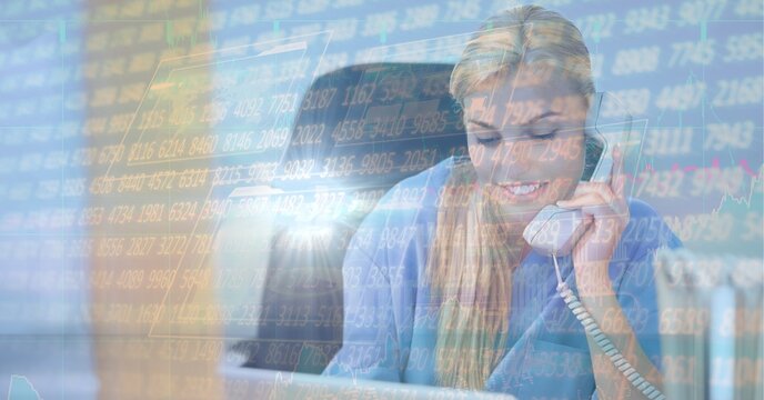 Financial data processing over nurse talking on a phone, economy and healthcare concepts