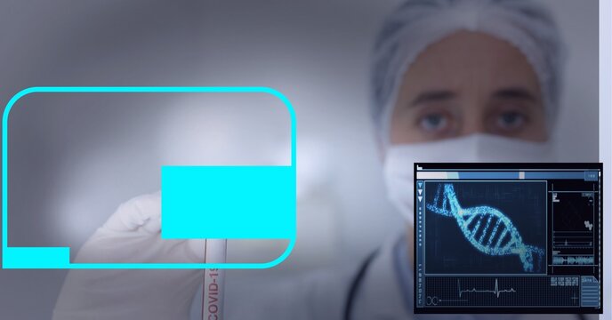 Composition of screen with dna over doctor in ppe suit with covid 19 test tube