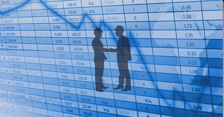 Silhouette of two male architects shaking hands against statistical data processing over world map