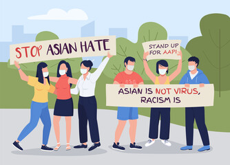 Stop asian hate flat color vector illustration. Covid-related attacks, hate crimes prevention rallies. Asian-american activists 2D cartoon faceless characters with green landscape on background