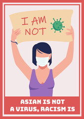 Asian is not virus poster flat vector template. Anti-chinese racism. Brochure, booklet one page concept design with cartoon characters. Discrimination against asian-americans prevention flyer, leaflet