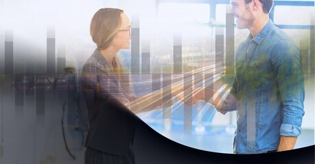 Statistical data processing over man and woman shaking hands against technology background