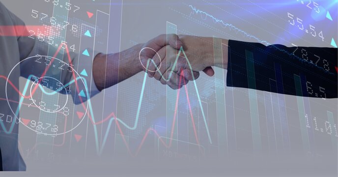 Stock Market Data Processing Against Mid Section Of Businessman And Businesswoman Shaking Hands